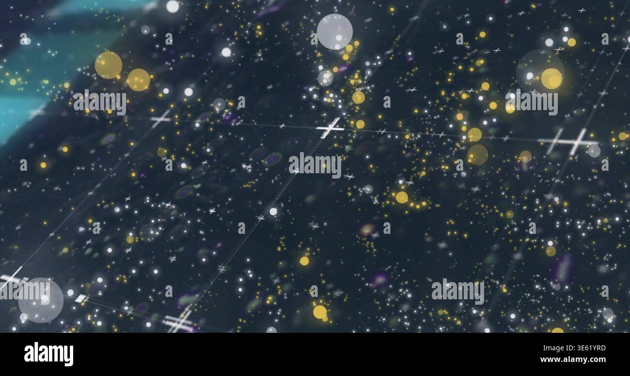 Campo di particelle scintillante che si estende attraverso il cielo notturno digitale, con cerchi bokeh, sfere, razzi Foto Stock