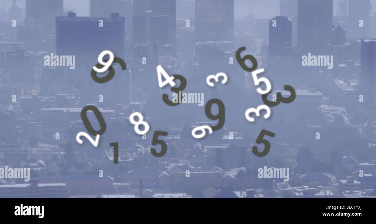Un gruppo fluttuante di numeri stilizzati che si libra sopra lo skyline del centro città, per sfumare i dettagli della città con la foschia Foto Stock
