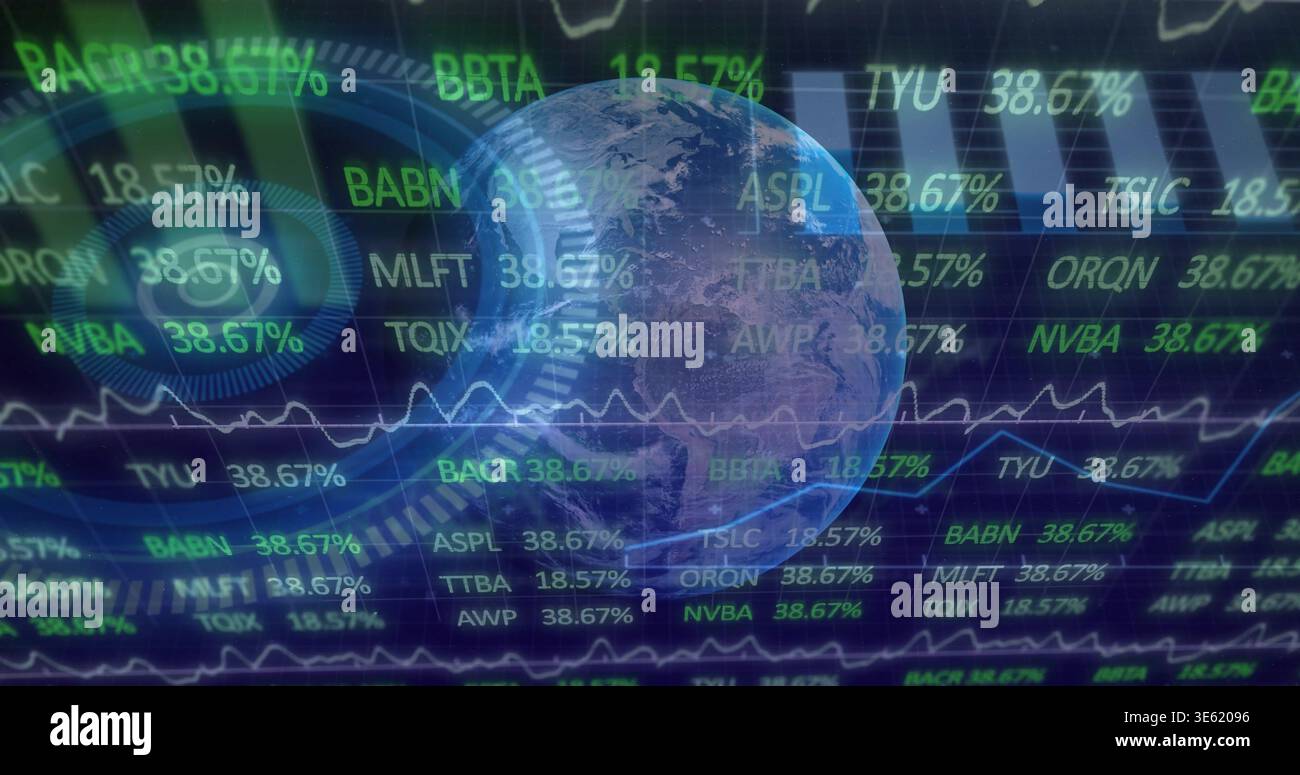 Visualizzazione del globo 3D traslucido che si sovrappone all'HUD sulla schermata di trading, con i ticker 38 Foto Stock