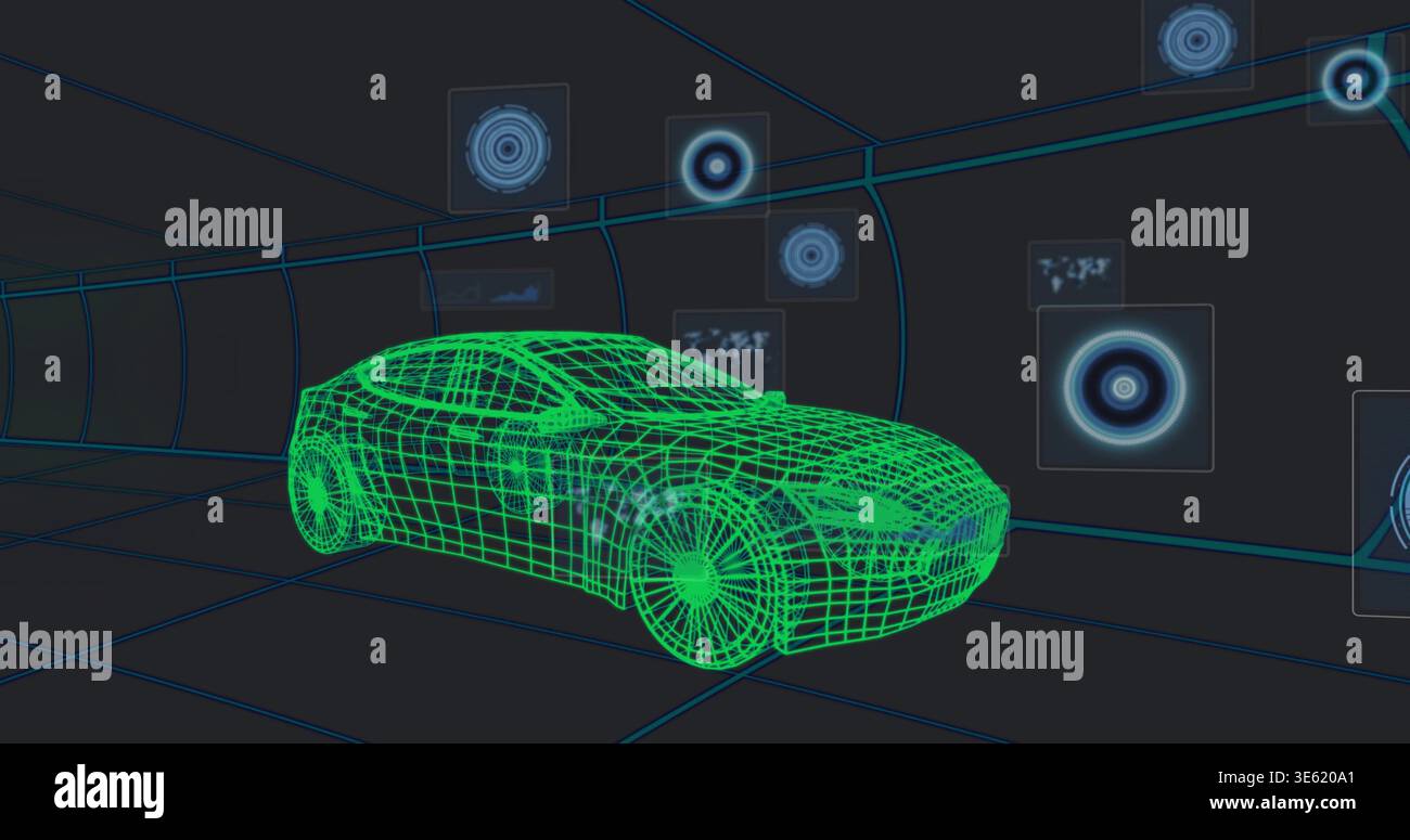Visualizzazione di un modello 3D berlina a reticolo verde neon che ruota in uno studio di progettazione virtuale, con pannelli HUD Foto Stock