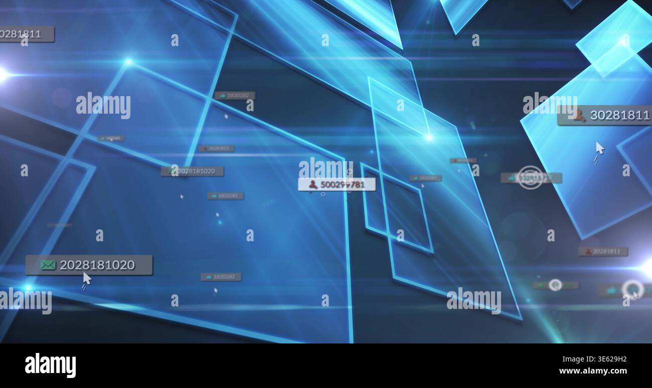 Rendering dell'interfaccia dati 3D con pannelli blu con etichette numeriche, frecce del cursore e linee di collegamento Foto Stock