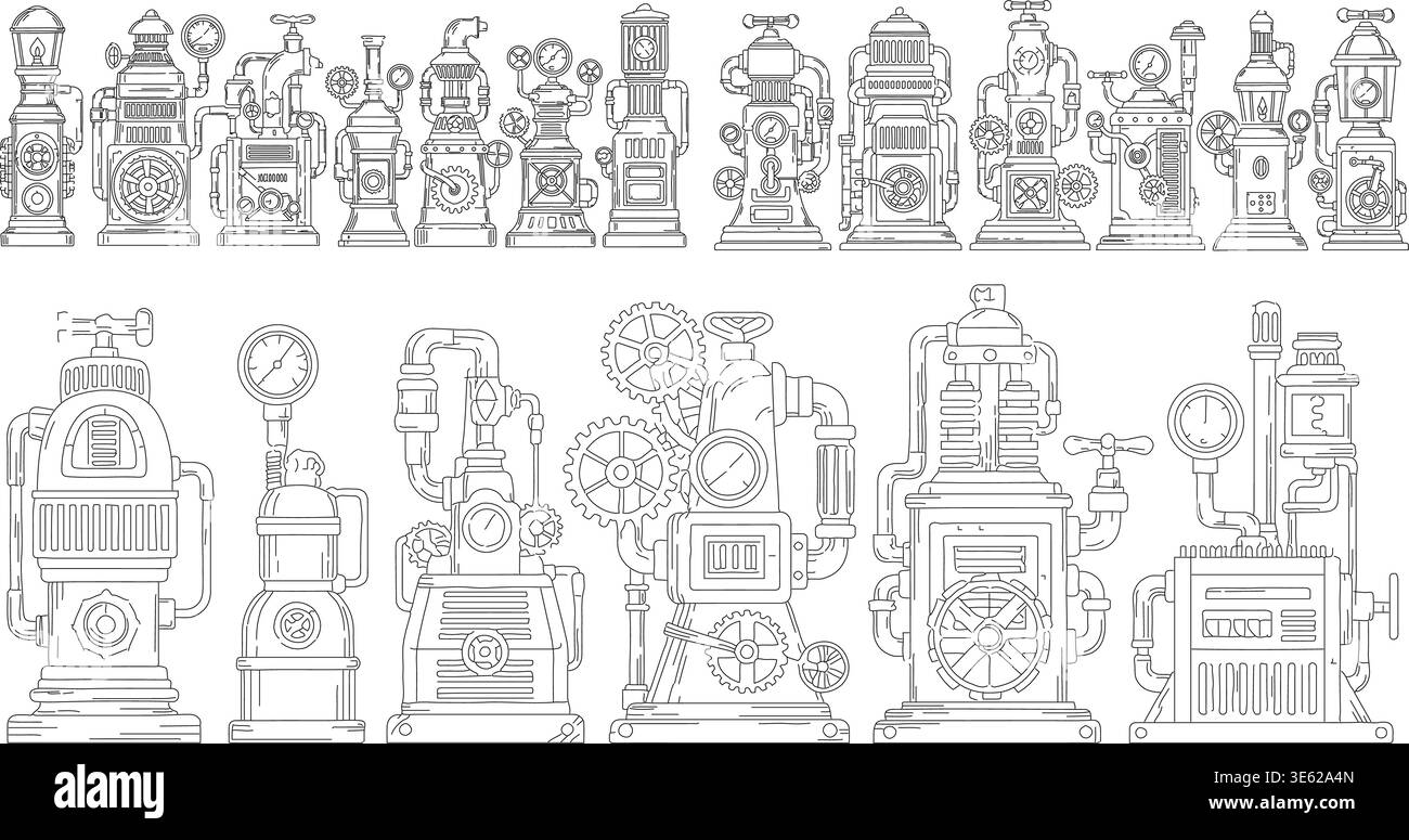 Set vettoriale per macchinari industriali vintage, collezione di opere d'arte della linea di attrezzature di fabbrica dettagliata Illustrazione Vettoriale