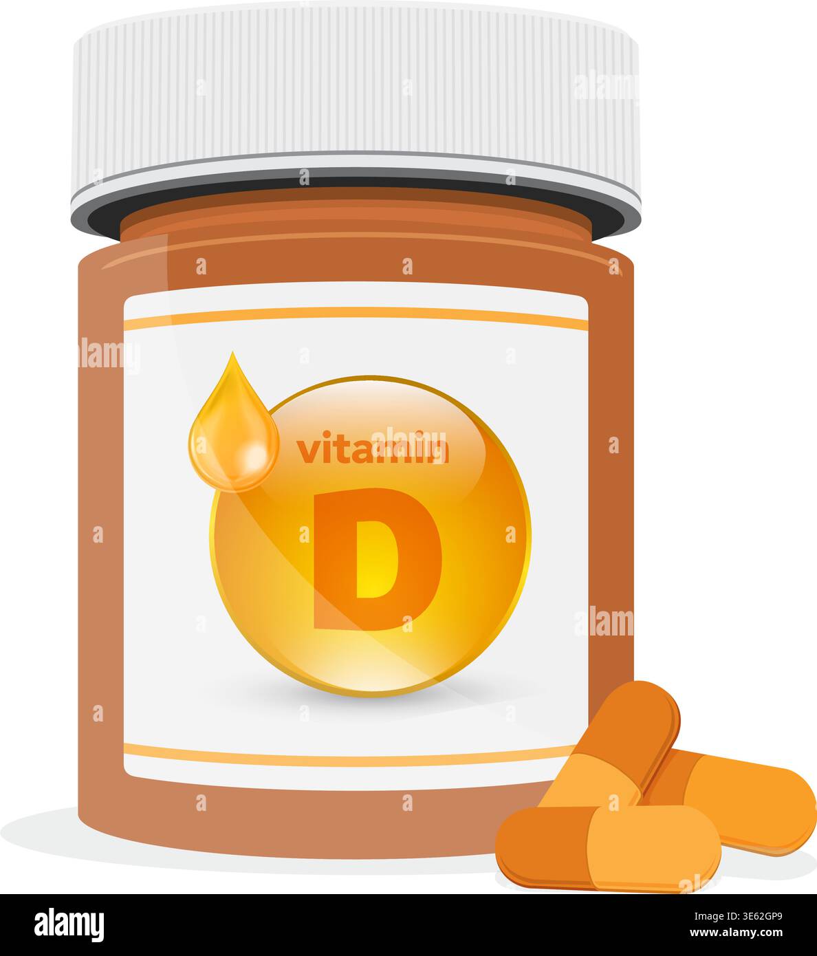 Illustrazione vettoriale di un flacone di pillola ambra con capsule di vitamina D per la salute, l'immunità e il supporto di forza ossea. Illustrazione Vettoriale