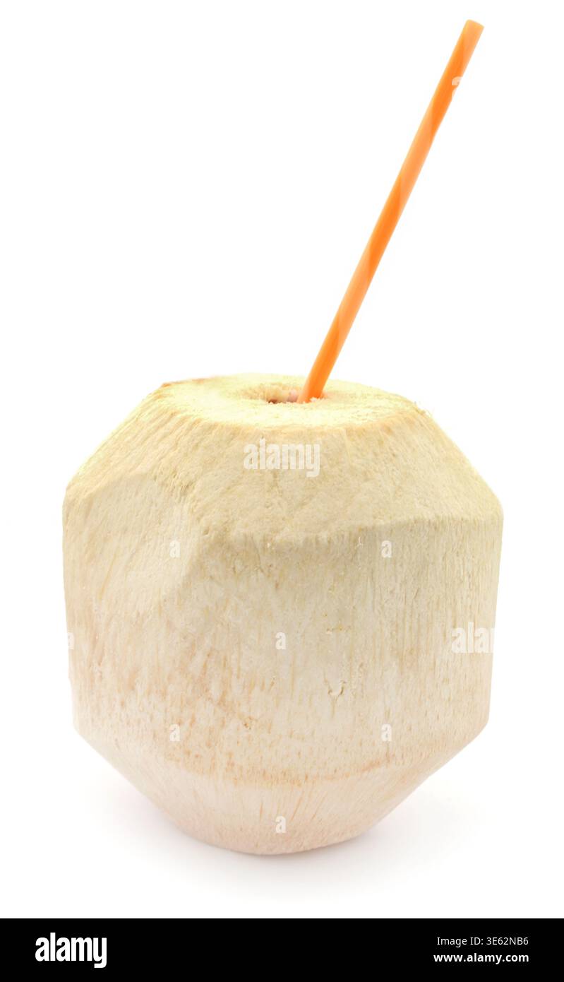 Cocco fresco e giovane pieno d'acqua con paglia Foto Stock