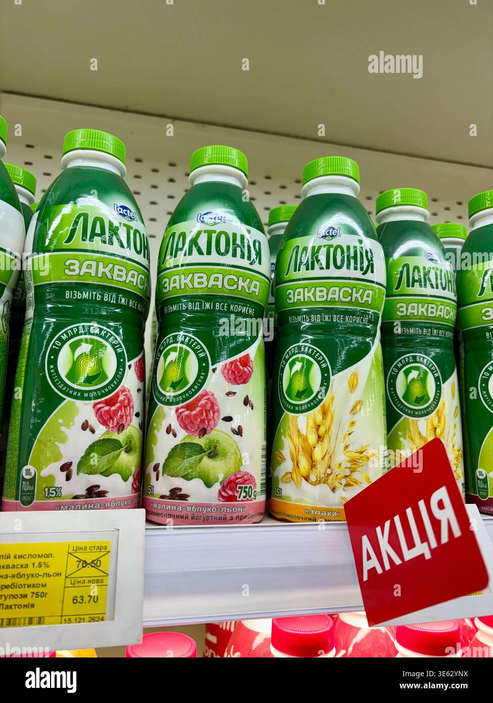 22.03.2026, Ucraina, Kharkov, Lactonia Probiotic Fermented Milk drinks on Supermarket Shelf Foto Stock