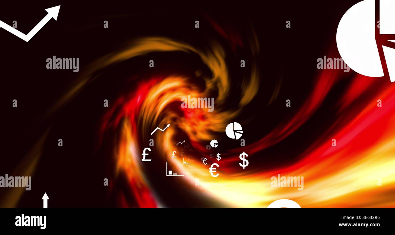 Vortice di fuoco centrale che mostra i dati di mercato in grafica digitale, con simboli di valuta Foto Stock