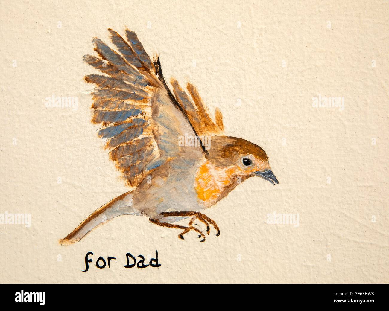 Regno Unito, Inghilterra, Wiltshire, Warminster, Weymouth Street, folk Art, piccolo robin dipinto, con la leggenda "per papà" sul muro della casa Foto Stock