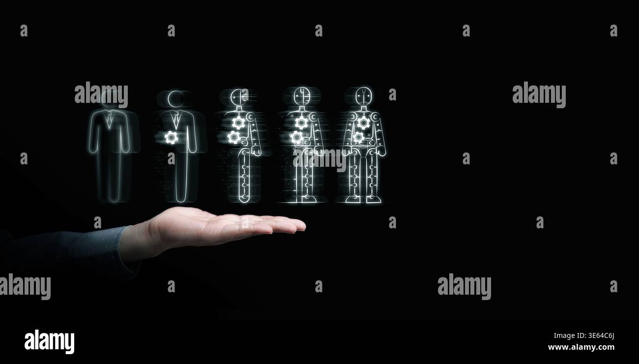 Rivoluzione dell'intelligenza artificiale aziendale e concetto di lavoro automatizzato. Immagine di un essere umano che si trasforma in un robot. Sostituzione del lavoro, trasformazione della forza lavoro e automa Foto Stock
