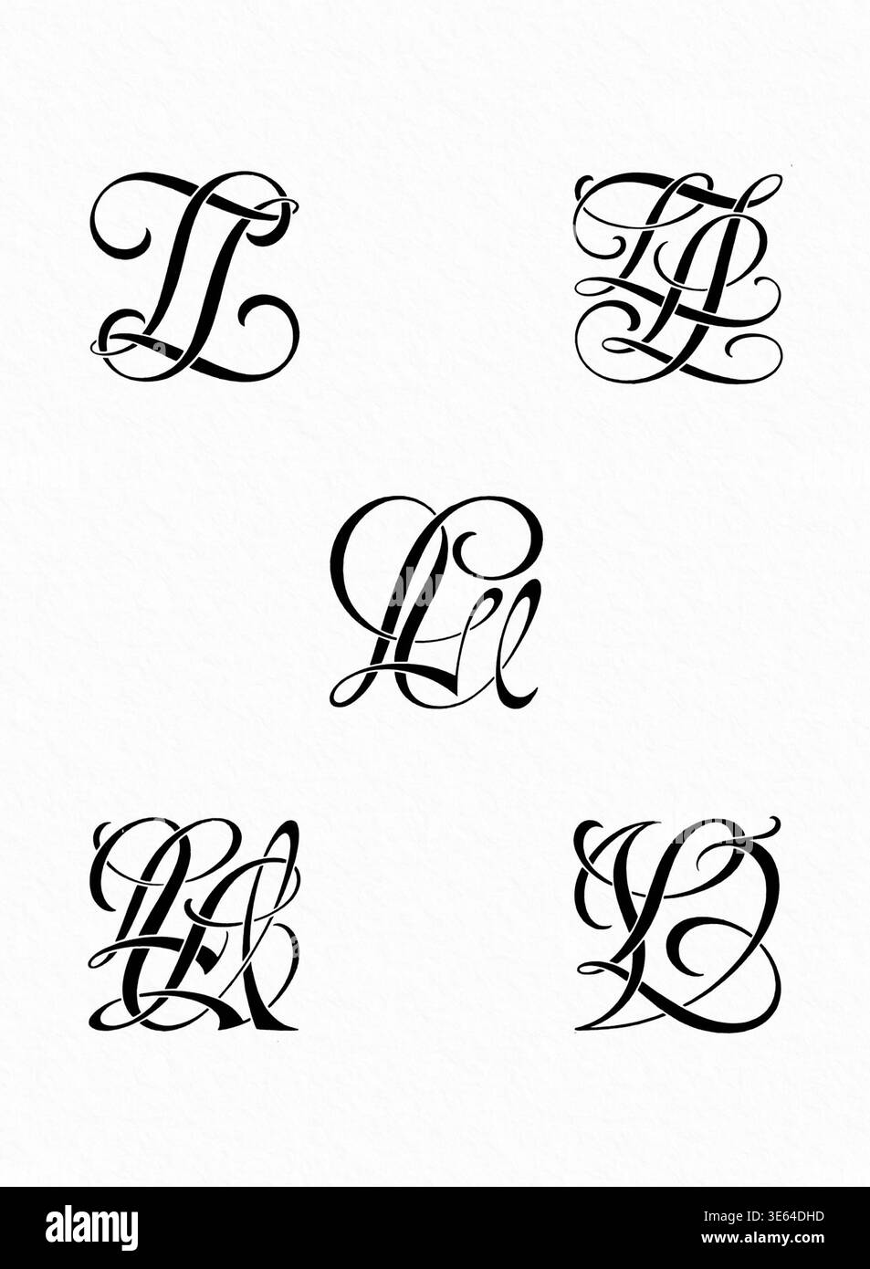 Combinazioni di iniziali monogramma, lettere decorative a incastro in linee in bianco e nero, isolate su un morbido sfondo bianco testurizzato. Foto Stock