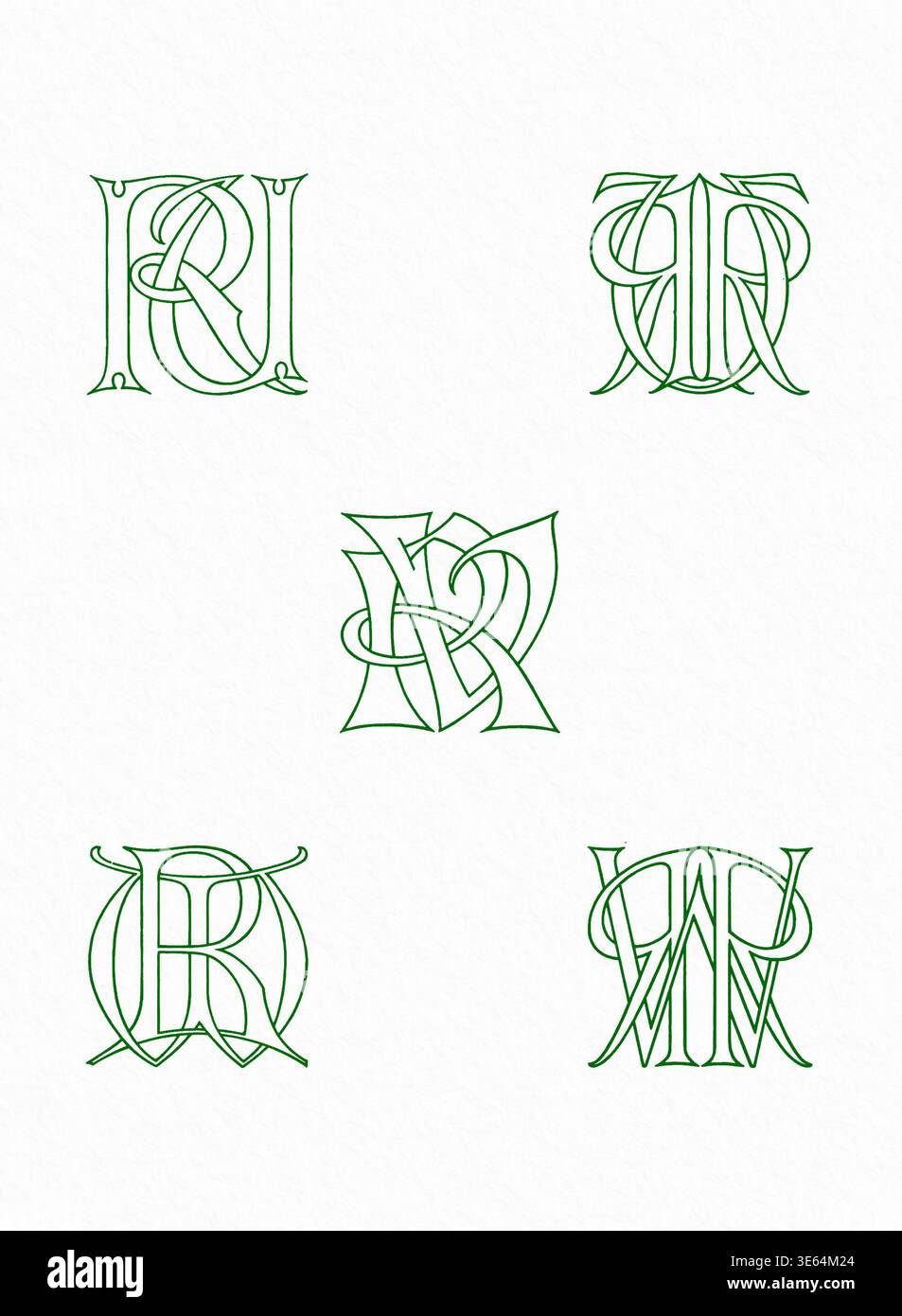 Combinazioni di iniziali monogramma, lettere decorative a incastro in linee verdi e bianche, isolate su un morbido sfondo bianco testurizzato. Foto Stock