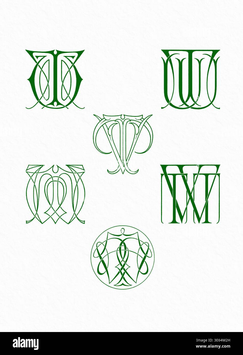 Combinazioni di iniziali monogramma, lettere decorative a incastro in linee verdi e bianche, isolate su un morbido sfondo bianco testurizzato. Foto Stock