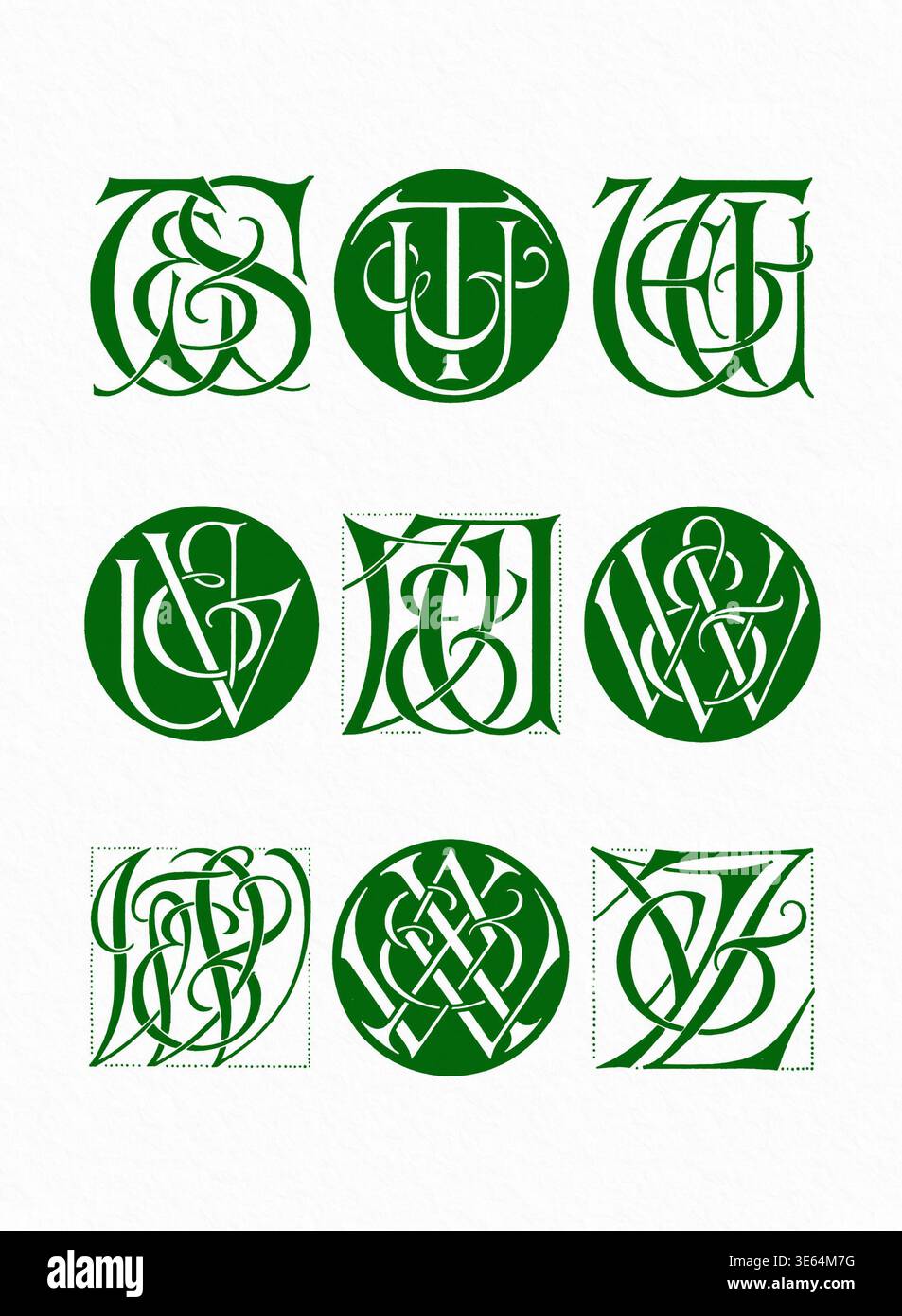 Combinazioni di iniziali monogramma, lettere decorative a incastro in linee verdi e bianche, isolate su un morbido sfondo bianco testurizzato. Foto Stock