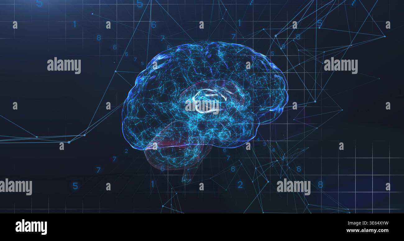 Ologramma cerebrale a reticolo digitale fluttuante che lampeggia con nodi neurali luminosi sul piano griglia virtuale Foto Stock