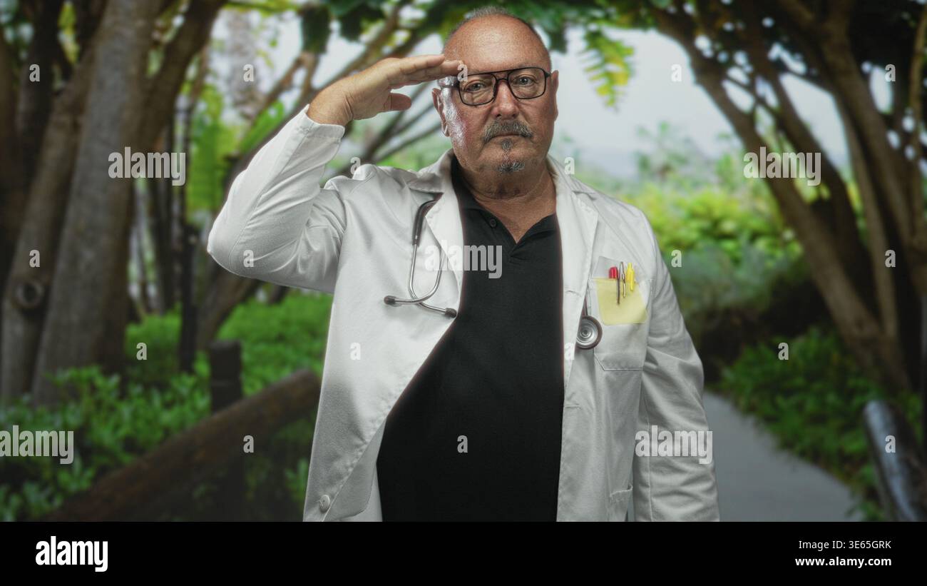 Uomo medico in camice bianco saluta con mano destra alla fronte, stetoscopio visibile, penne in tasca, in piedi sul sentiero nella foresta; rispettoso. Foto Stock