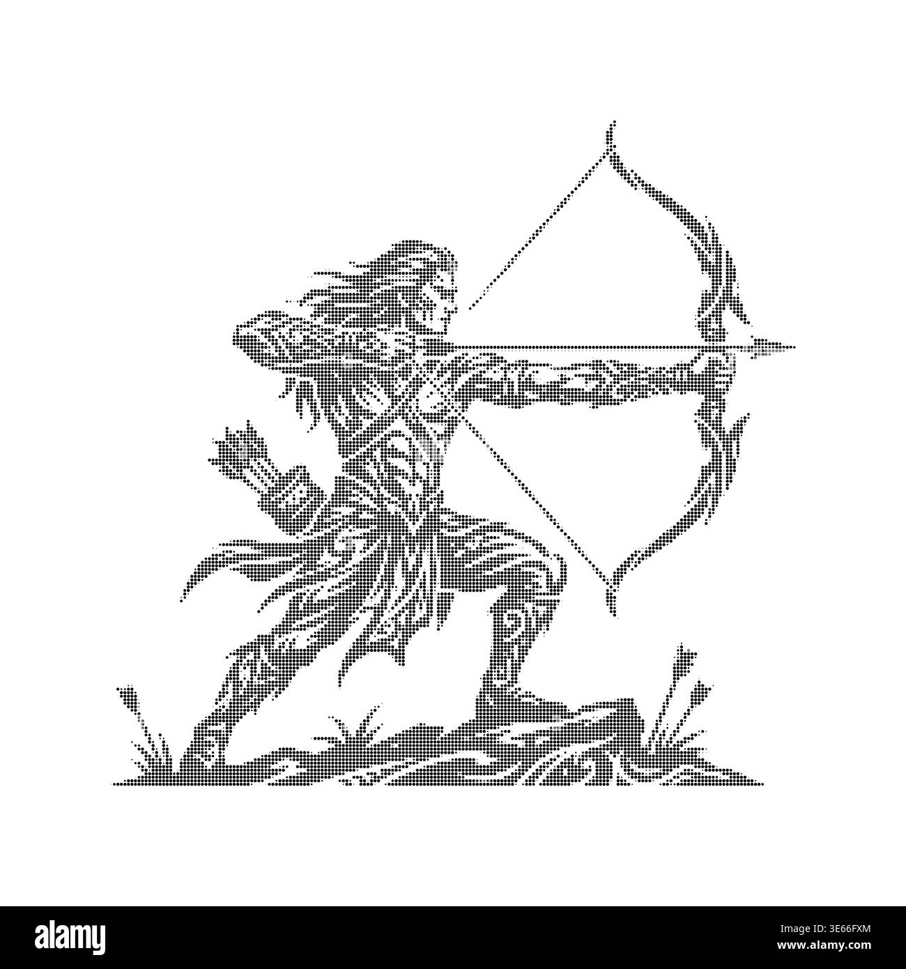 archer Warrior stilizzato con illustrazione vettoriale di arco e freccia in stile grafico retrò mezzitoni. Illustrazione Vettoriale