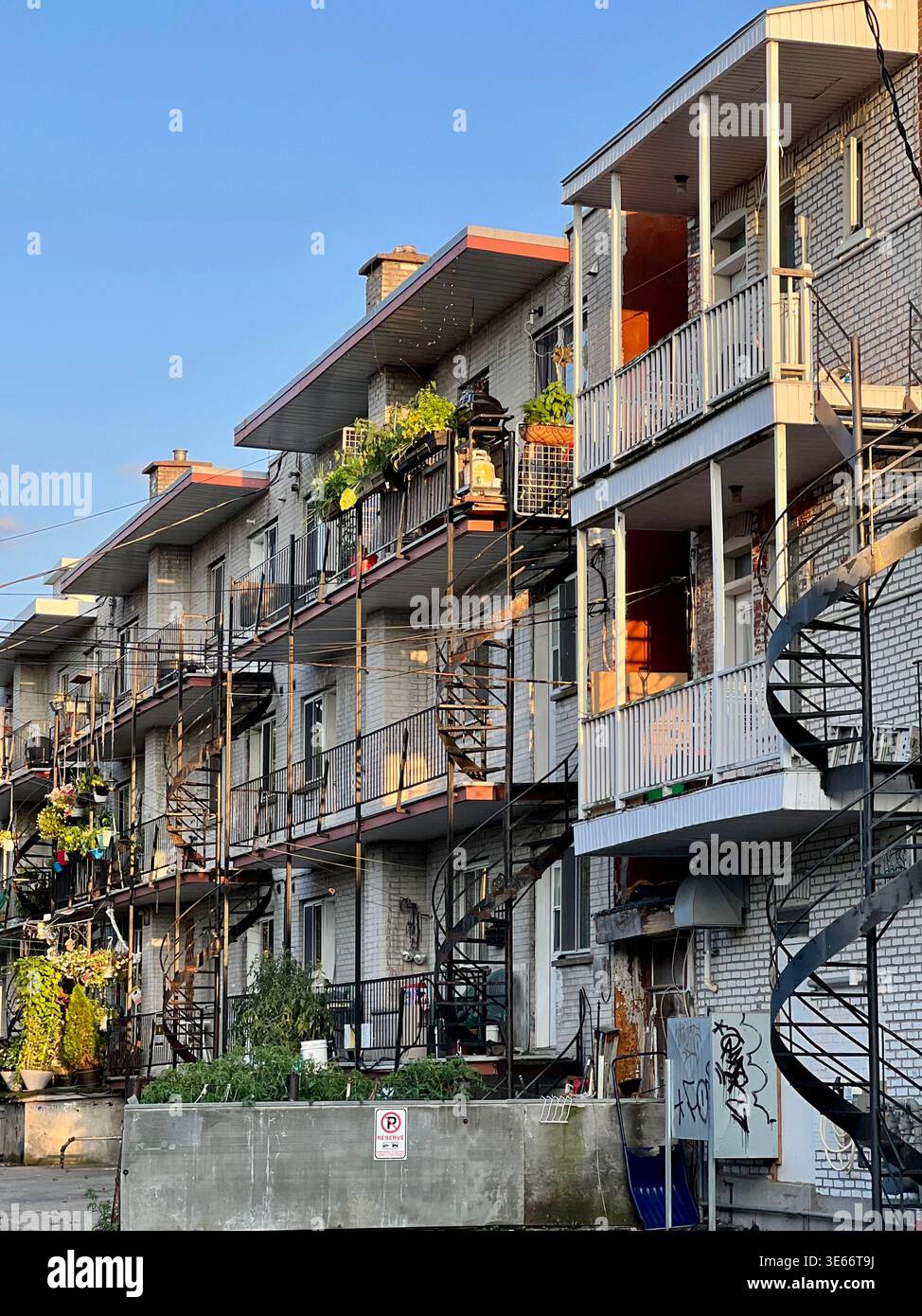 Tipiche facciate posteriori con scale esterne e balconi su edifici residenziali a Montreal, Quebec, Canada Foto Stock