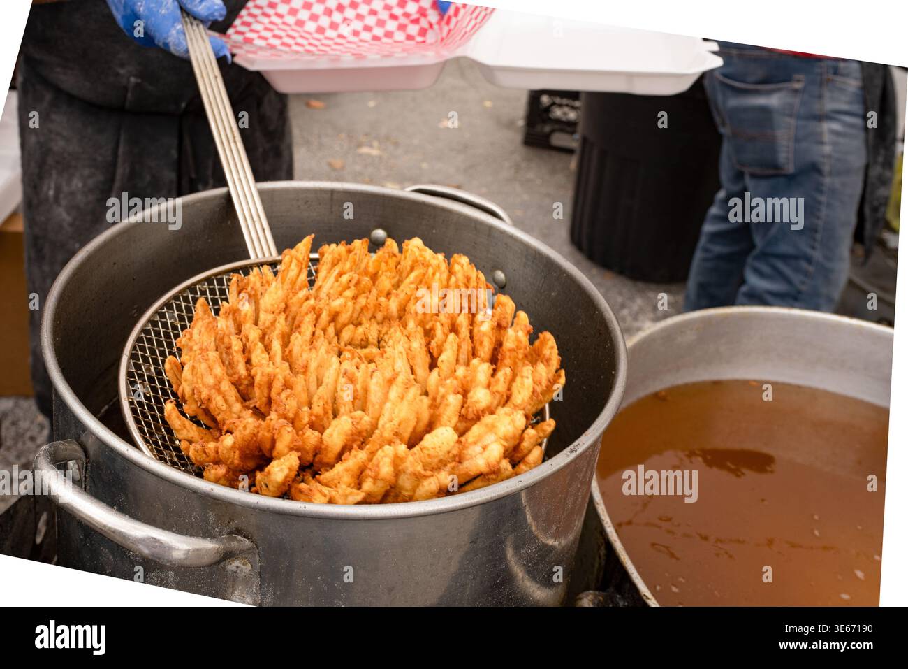 Cipolla Bloomin fritta su una padella di olio caldo al Texas Onion Fest, Weslaco, Texas, USA. Foto Stock