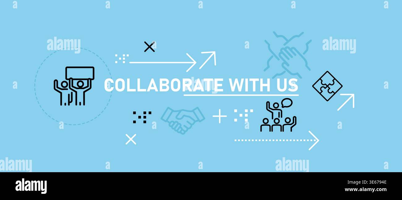Collabora con noi banner "call to action" con icone di linea di persone, pezzi di puzzle e handshake che invitano i partner a partecipare al progetto o. Illustrazione Vettoriale