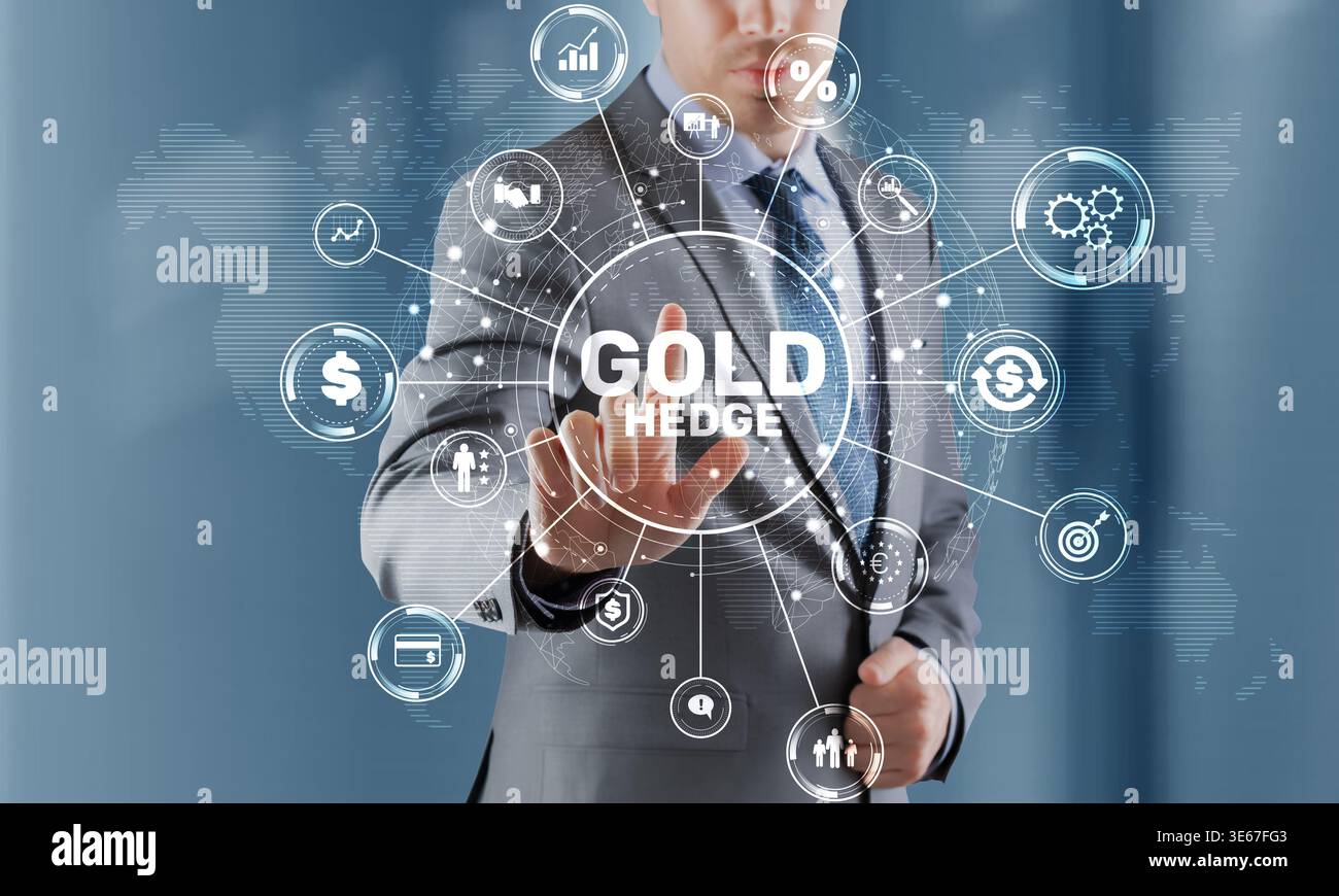 Gold Hedge Financial Technology con protezione del portafoglio di investimenti in metalli preziosi rischio di inflazione e stabilità del mercato. Foto Stock