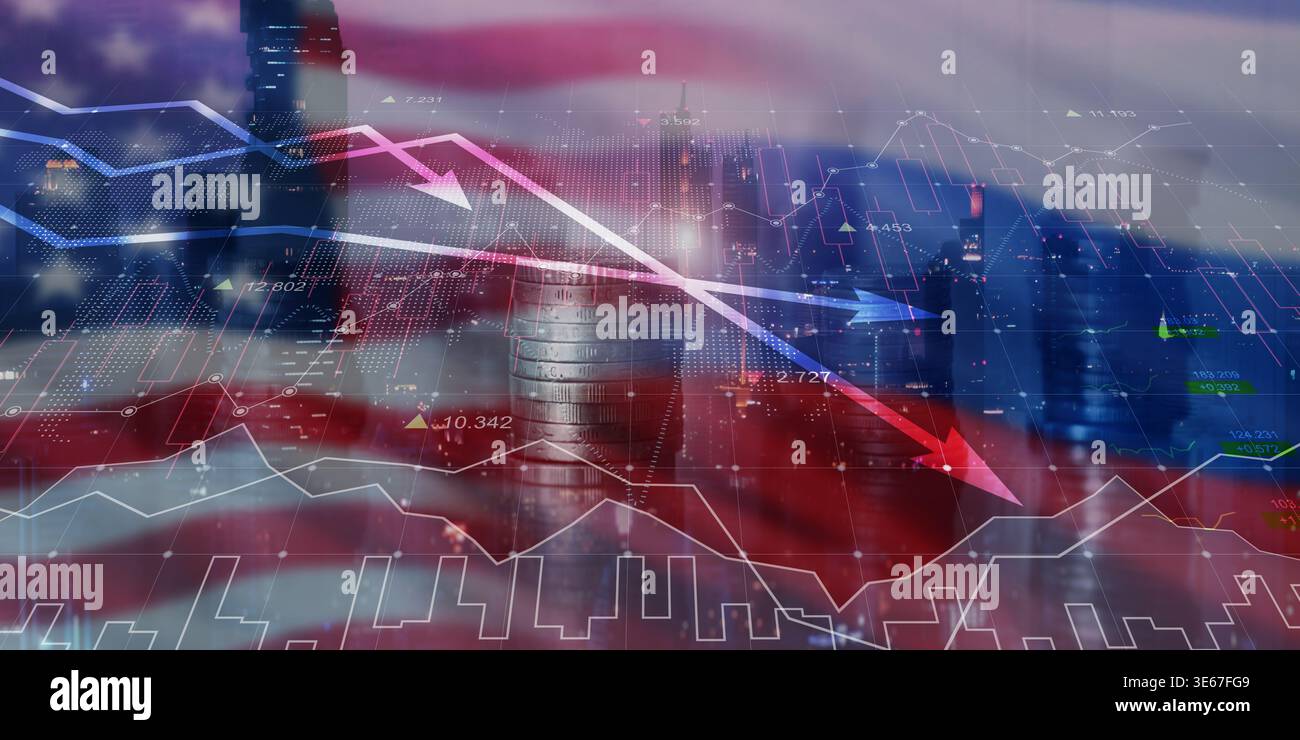 USA Russia conflitto economico e declino del mercato. Foto Stock