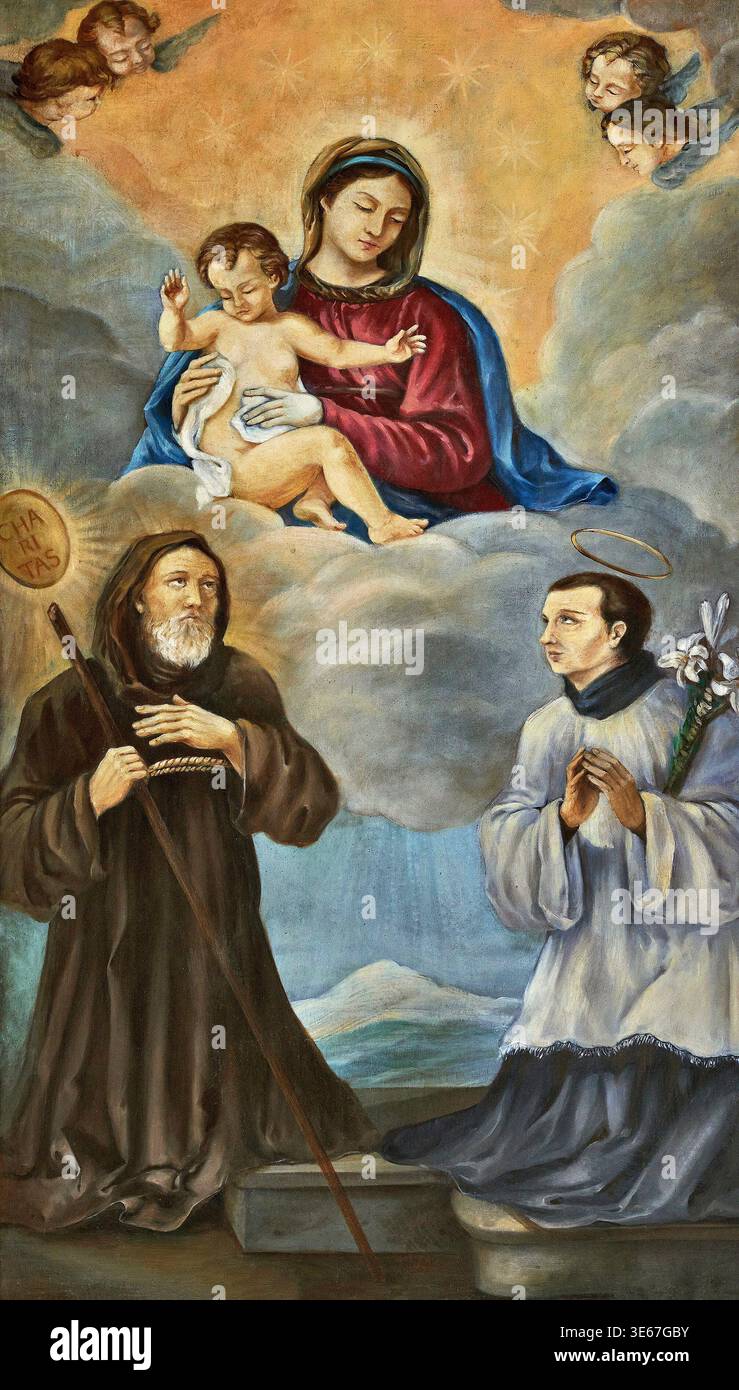 Madonna col bambino con S.francesco di Paola e S. Luigi Gonzaga - olio su tela - pittore toscano del primo XX secolo - Ssanta Flora (GR) oratorio del Foto Stock