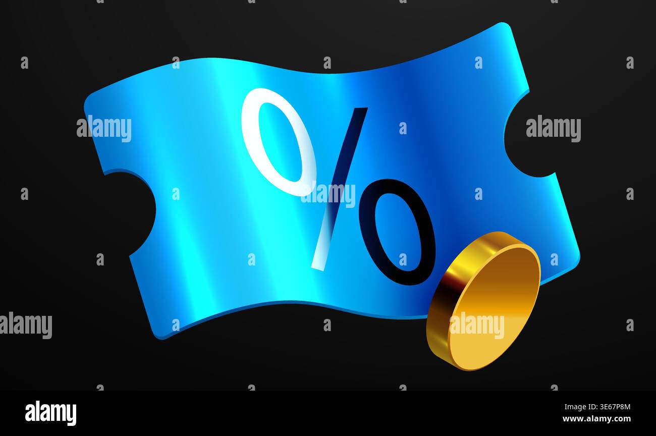 Un buono sconto blu brillante con un segno di percentuale e una moneta dorata su sfondo scuro. Ideale per promuovere vendite e offerte speciali. Illustrazione vettoriale Illustrazione Vettoriale