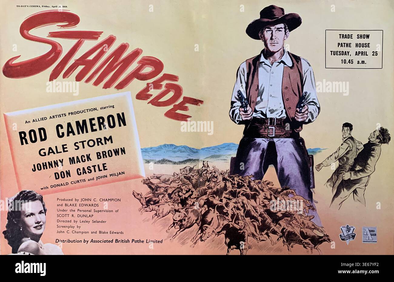 Annuncio commerciale per ROD CAMERON GALE STORM e JOHNNY MACK BROWN in STAMPEDE 1949 regista LESLEY SELANDER libro Edward Beverly Mann sceneggiatura / produttori John C. Champion e Blake Edwards dirigente Scott R. Dunlap Productions / Allied Artists Pictures / Associated British Pathe Limited (nel Regno Unito) Foto Stock