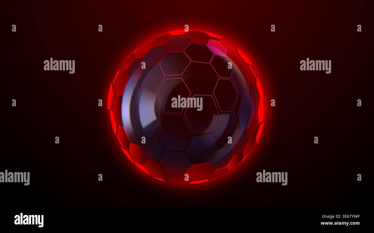 Futuristica sfera esagonale rossa luminosa con effetto scudo energetico. Sfondo astratto scuro. Illustrazione vettoriale Illustrazione Vettoriale