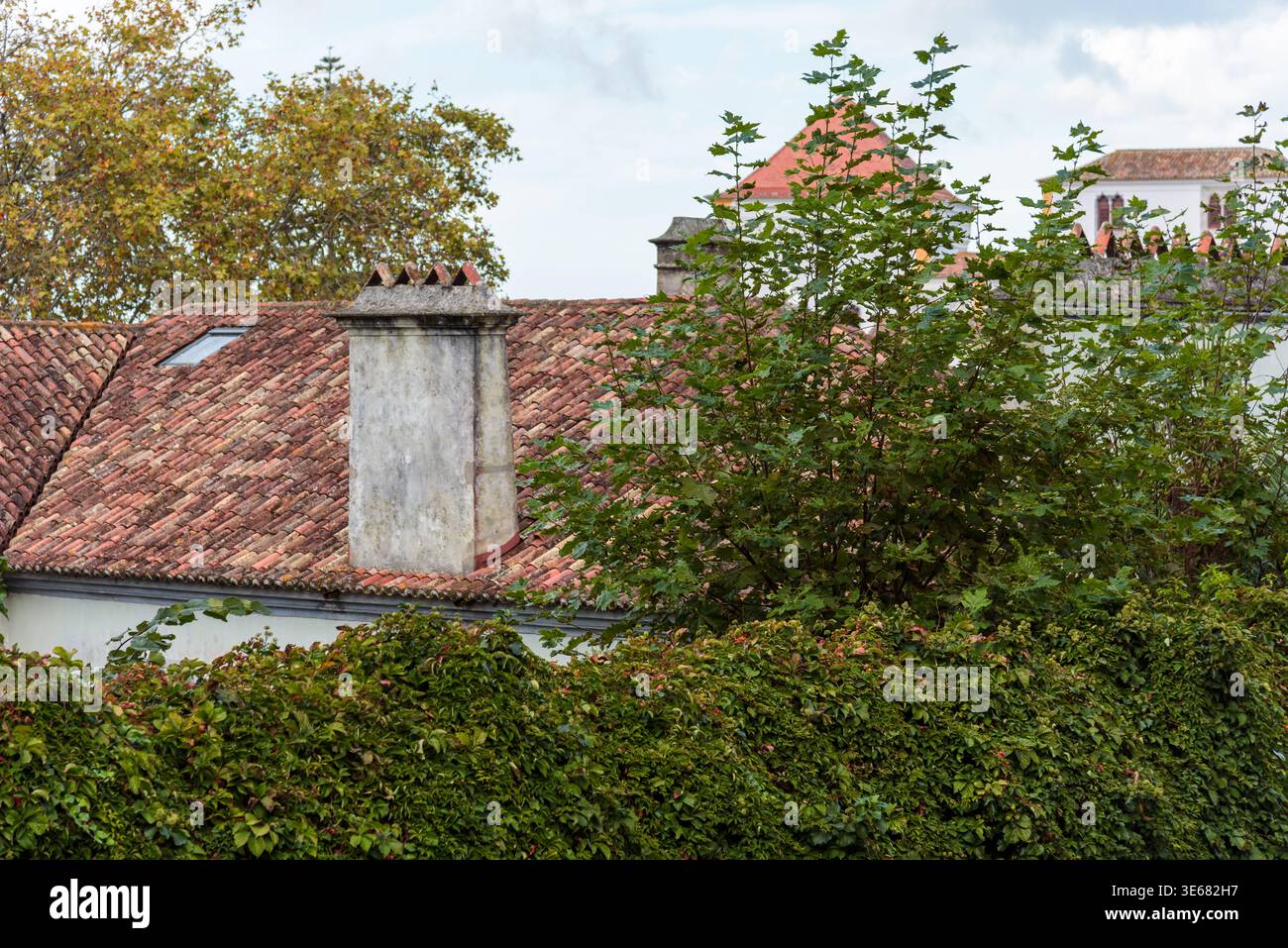 Uno scatto a livello di occhi cattura un classico edificio portoghese con un tetto piastrellato e un camino, incorniciato da una lussureggiante vegetazione, a Sintra. Foto Stock