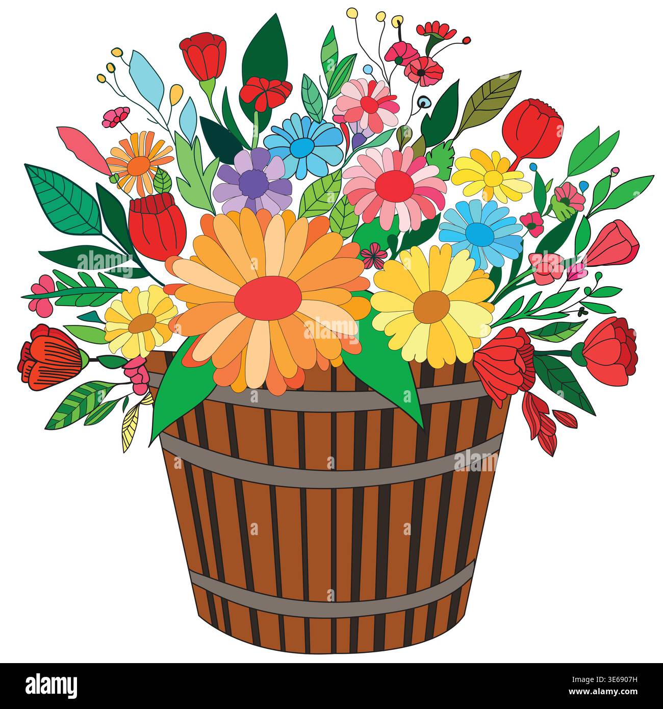 Bouquet di fiori colorati illustrazione disegnata a mano. Cesto floreale multicolore disegnato a mano carino e bello con molti fiori illustrazione disegnata a mano. Illustrazione Vettoriale