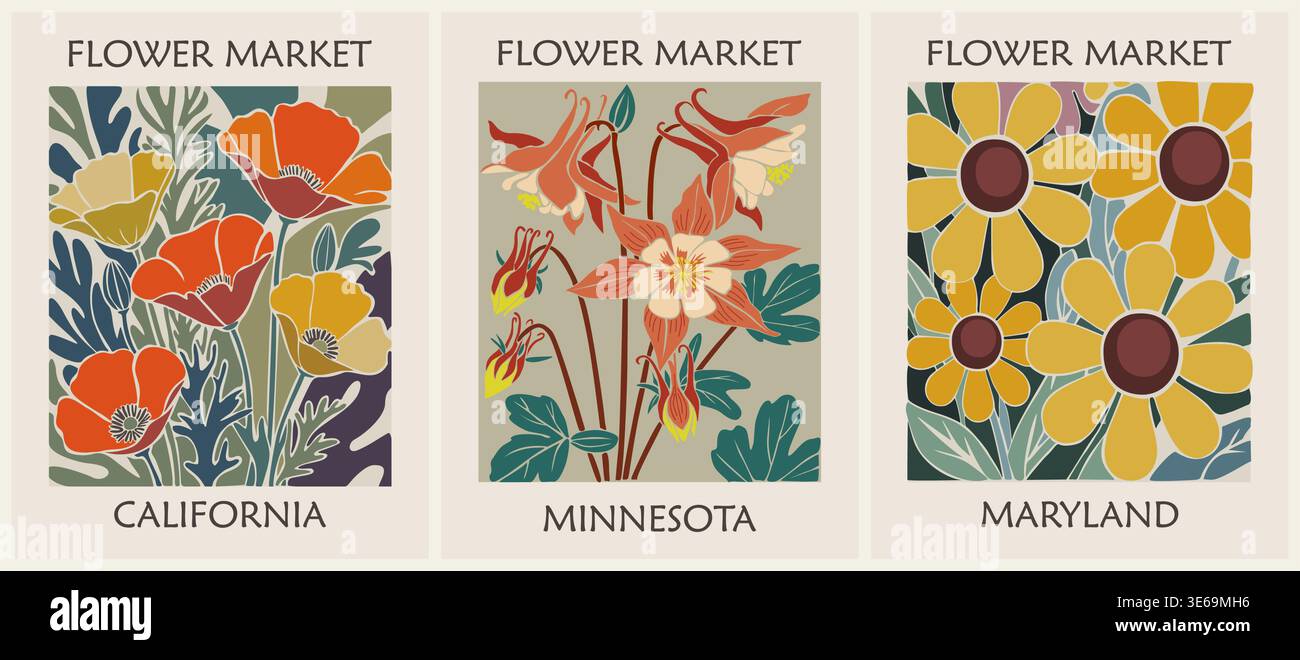 Set di poster del mercato dei fiori con il fiore dello stato degli Stati Uniti Illustrazione Vettoriale