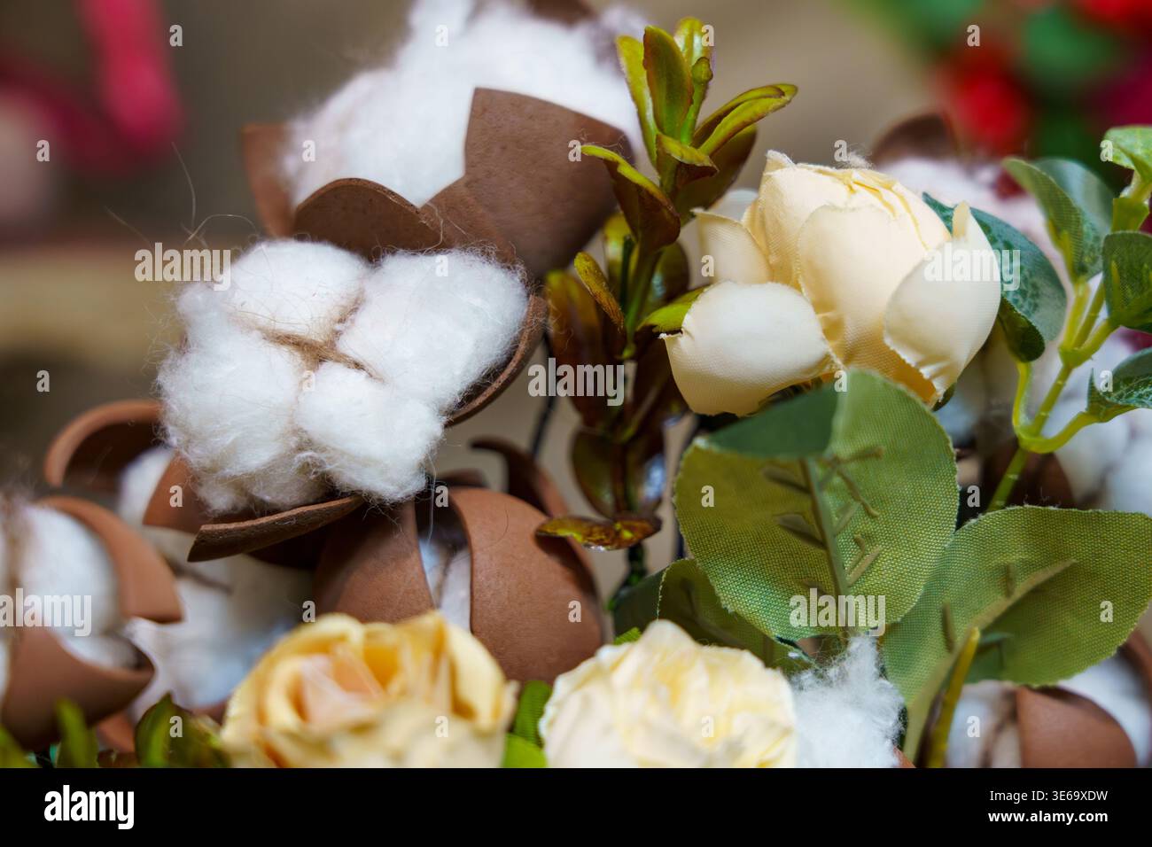 Cotone e composizione floreale in un ambiente decorativo Foto Stock