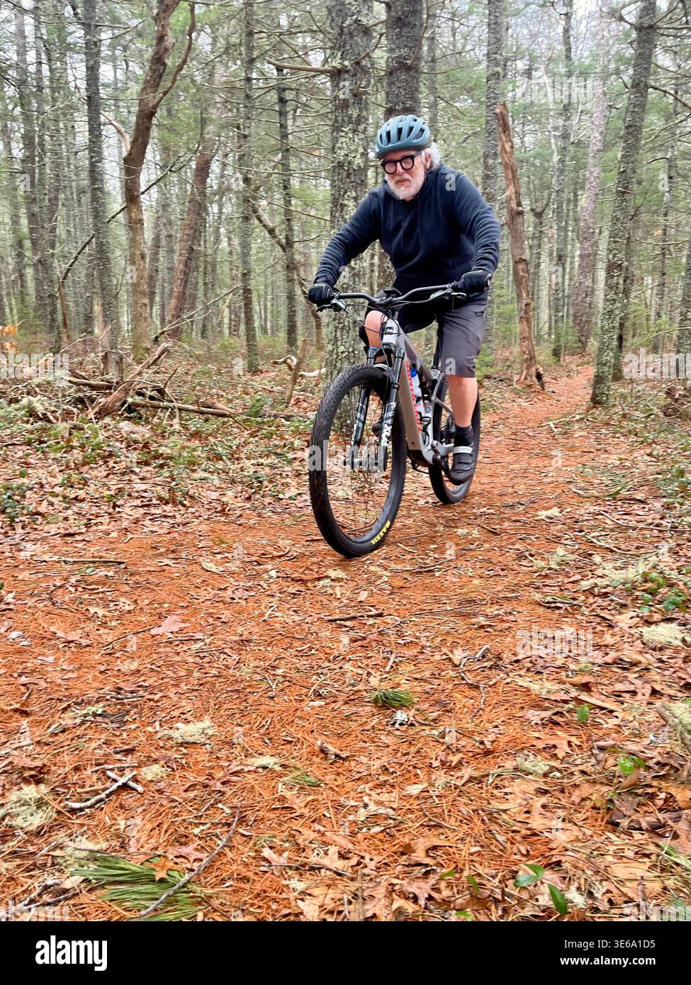 Ciclista maschio anziano in mountain bike a Nickerson State Park, Brewster, Massachusetts. Foto Stock