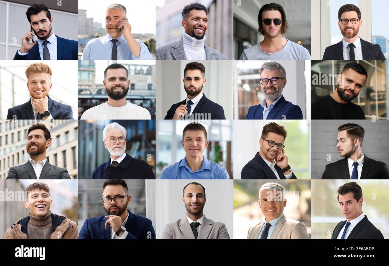 Uomini di età diverse. Ampia collezione di ritratti maschili Foto Stock