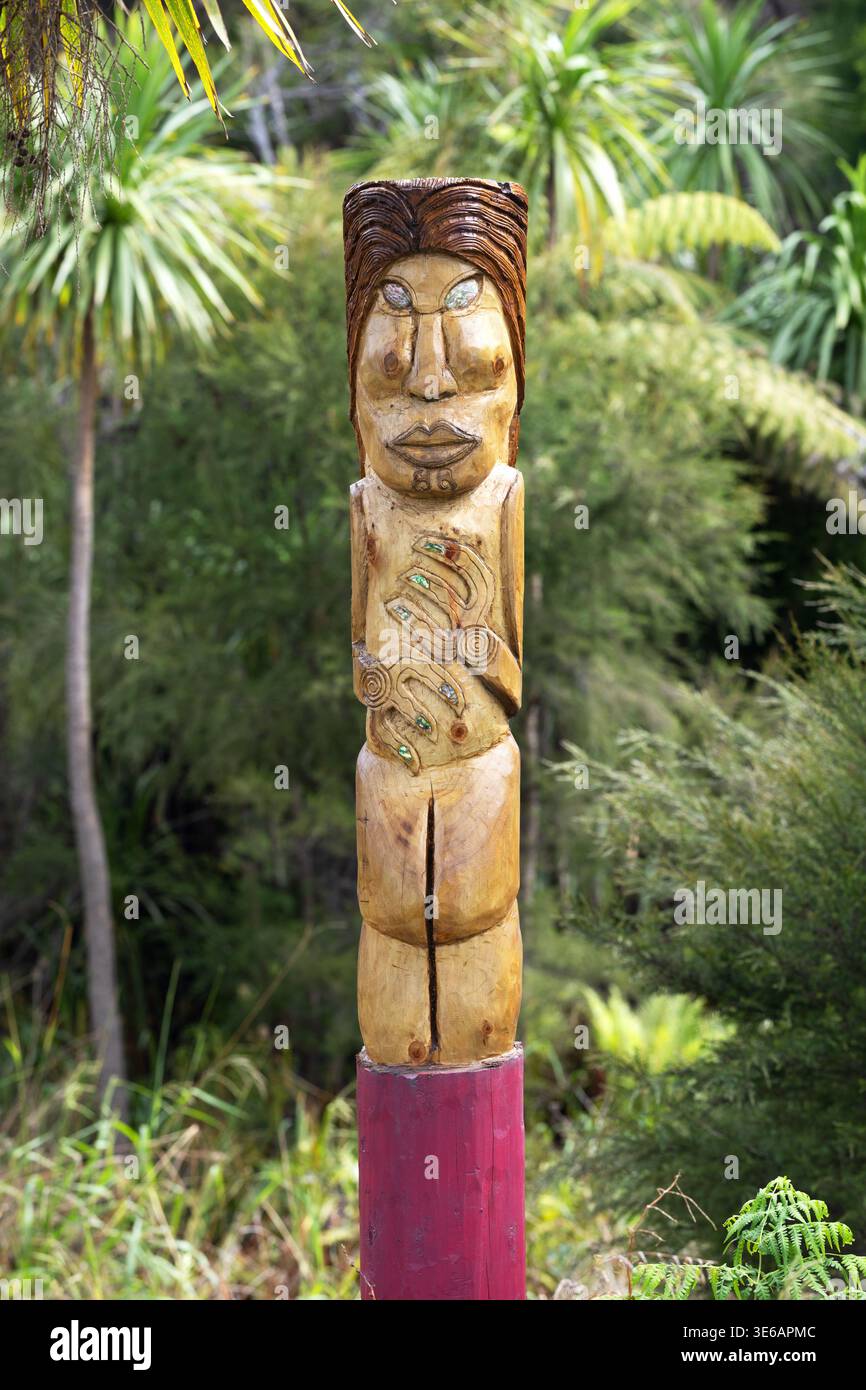 pou in legno intagliato Māori con motivi tradizionali, Isola del Nord, nuova Zelanda Foto Stock
