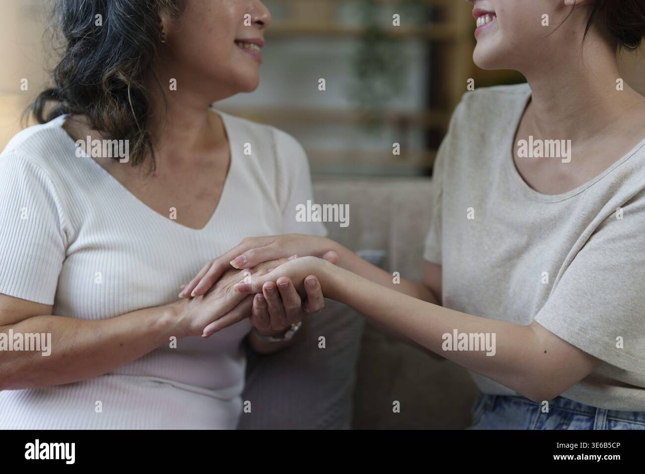 La donna asiatica anziana felice e la sua figlia adulta stanno coccolando sul divano Foto Stock