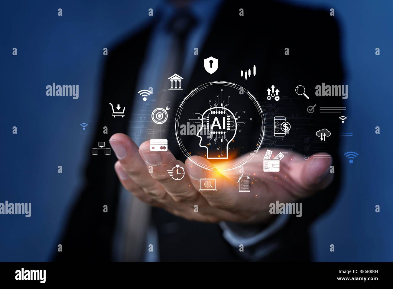 Uomo d'affari che tiene la mano con un ologramma finanziario ai, simboli bancari e icone di pagamento, ideale per innovazione fintech, analisi, automazione, Foto Stock