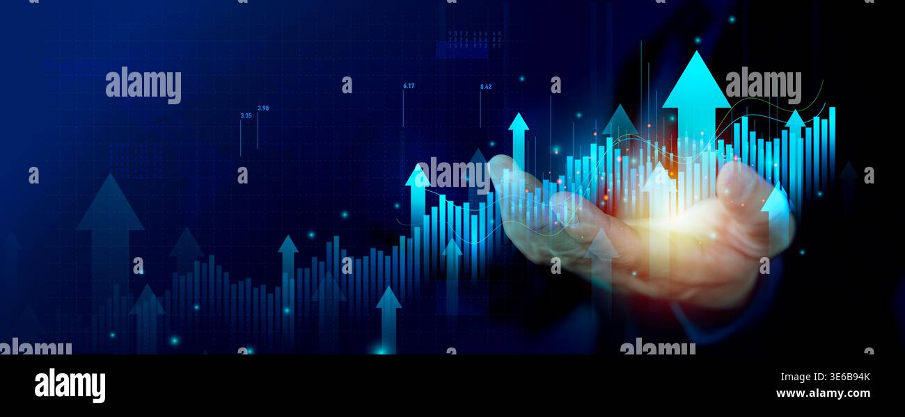 Background aziendale astratto con mano brillante, grafico a barre in aumento, frecce verso l'alto e interfaccia di analisi dei dati, ideale per la finanza, gli investimenti, il mercato Foto Stock
