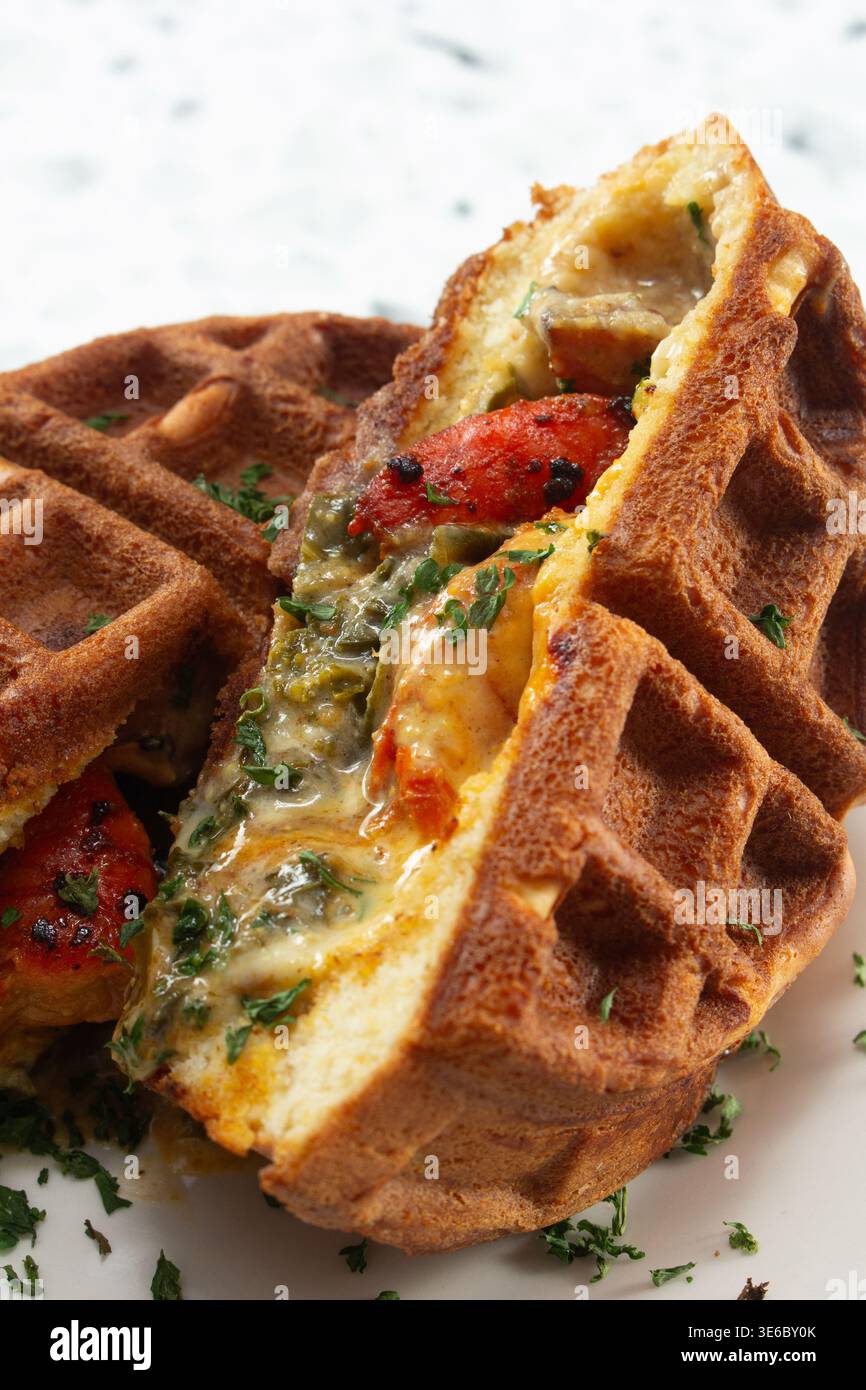 Vista ravvicinata di un waffle ripieno di aragosta. Foto Stock