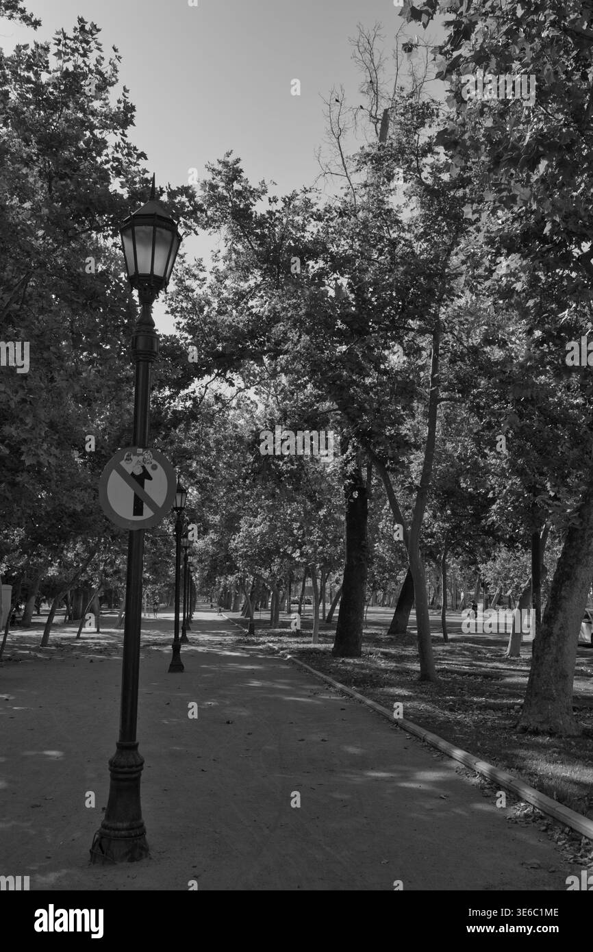 Percorso alberato del parco con lampioni d'epoca e cartello direzionale a Santiago de Chile. Foto Stock
