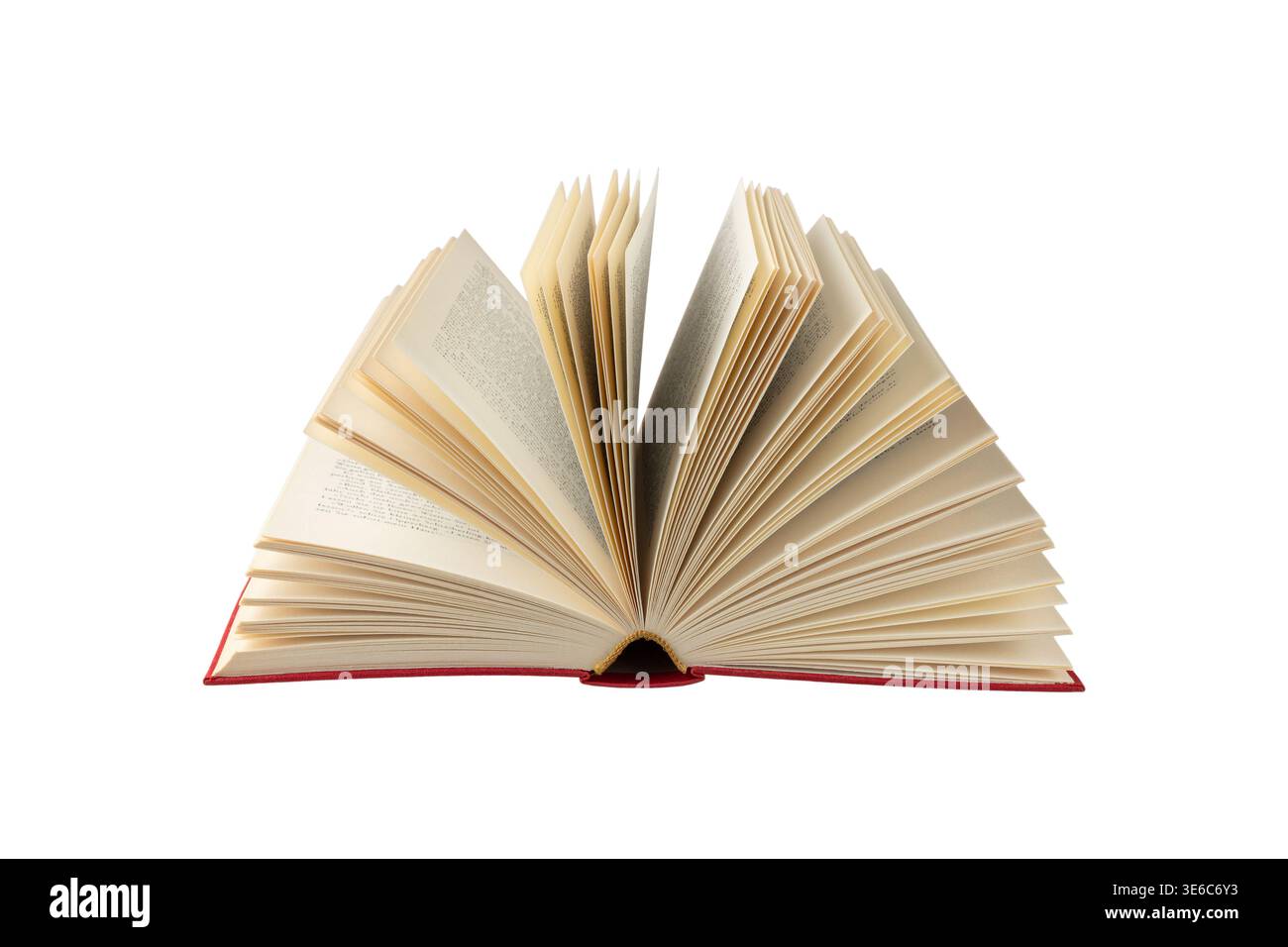 E' ora di leggere i tuoi libri preferiti. Libro aperto con copertina rossa isolata su sfondo bianco. Foto Stock