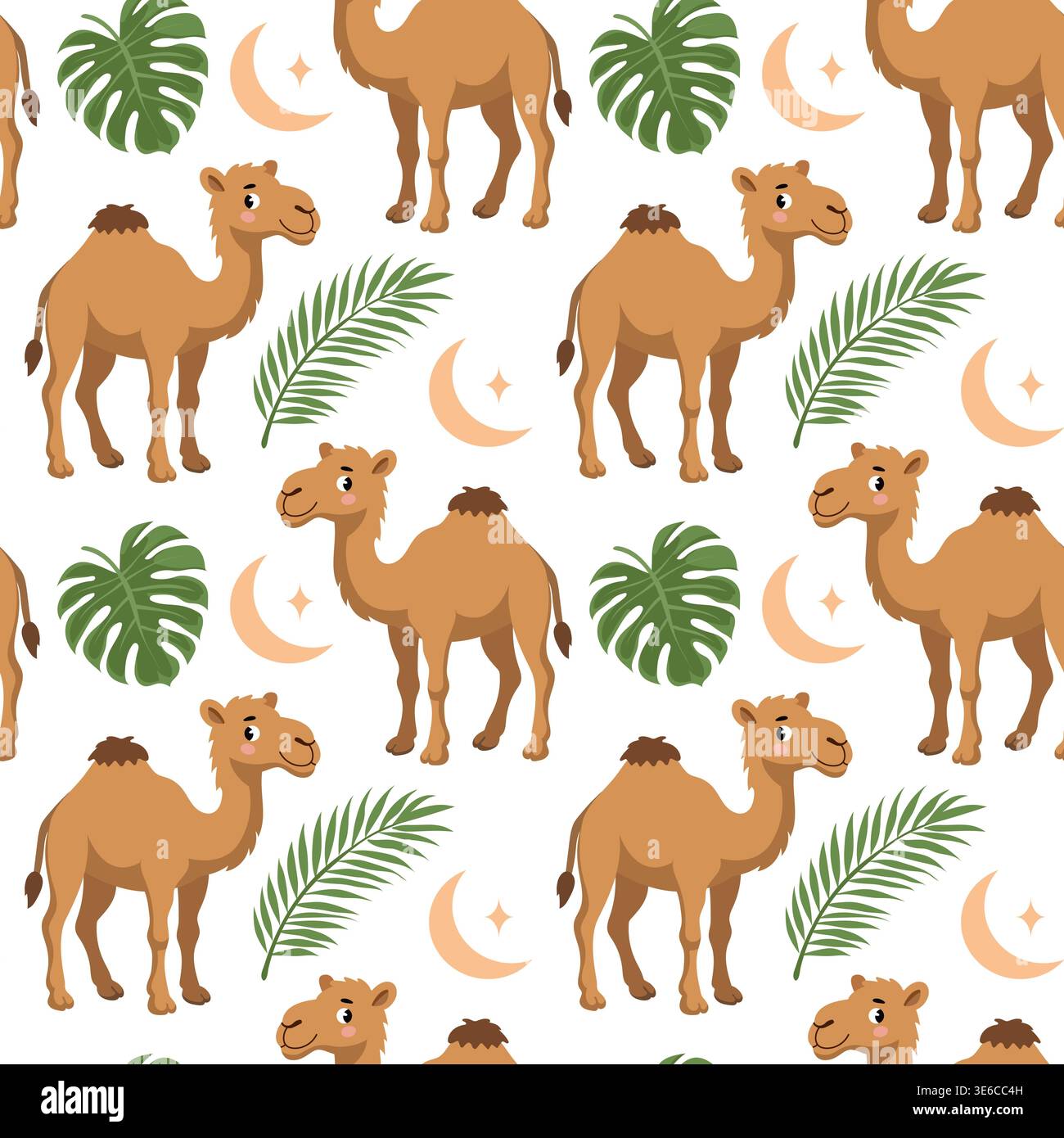 Motivo senza cuciture con graziosi cammelli foglie tropicali e luna su sfondo bianco Illustrazione Vettoriale