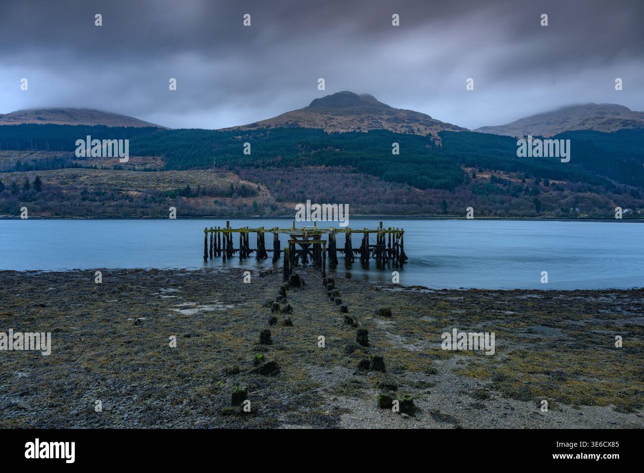 Vecchio molo sul Loch Long con la bassa marea in Scozia Foto Stock