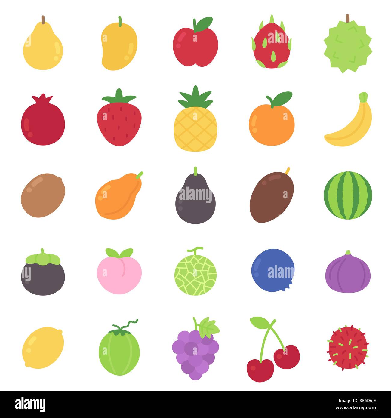 Graziosa collezione di icone di frutta tropicale dal design piatto, isolata su sfondo bianco, illustrazione vettoriale Illustrazione Vettoriale