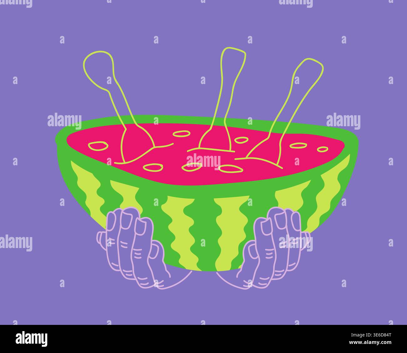 Concetto alimentare della ciotola dell'anguria illustrazione verde-rossa in stile minimale. Tre cucchiai che sporgono mezzo cocomero in due mani Illustrazione Vettoriale