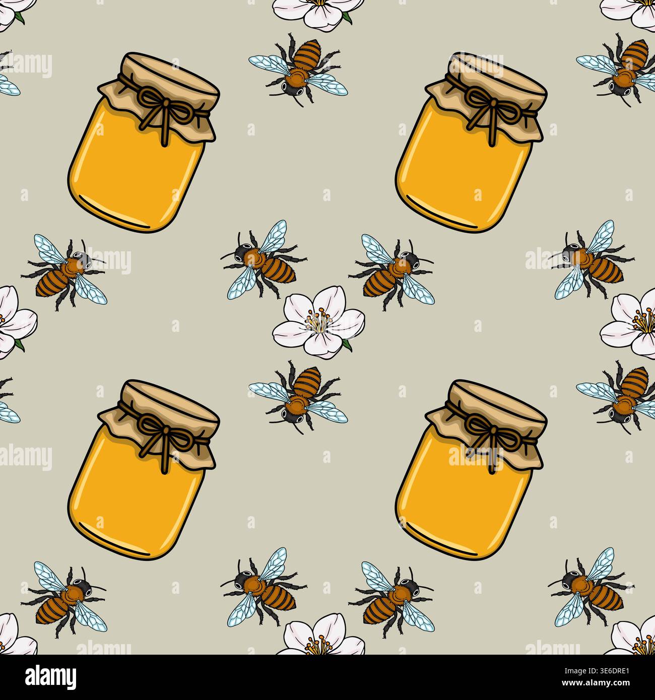 Motivo vettoriale senza cuciture di api e barattoli di miele con fiori delicati Illustrazione Vettoriale