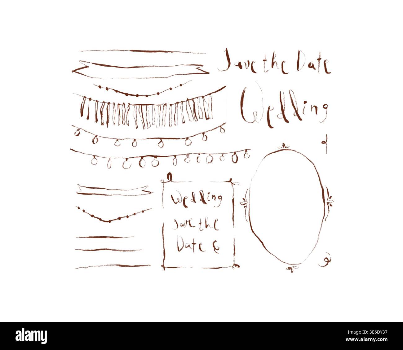 Set per matrimoni boho, scritte e cornici a nastro in carbone, clipart disegnato a mano PNG Foto Stock