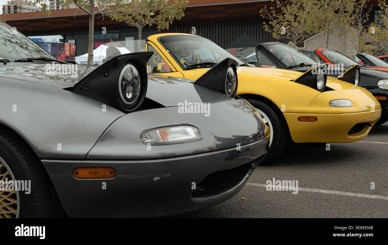 Vista ravvicinata di due roadster Mazda MX-5 con fari a scomparsa rialzati parcheggiati fianco a fianco in occasione di un evento automobilistico all'aperto. Sport iconici e compatti Foto Stock