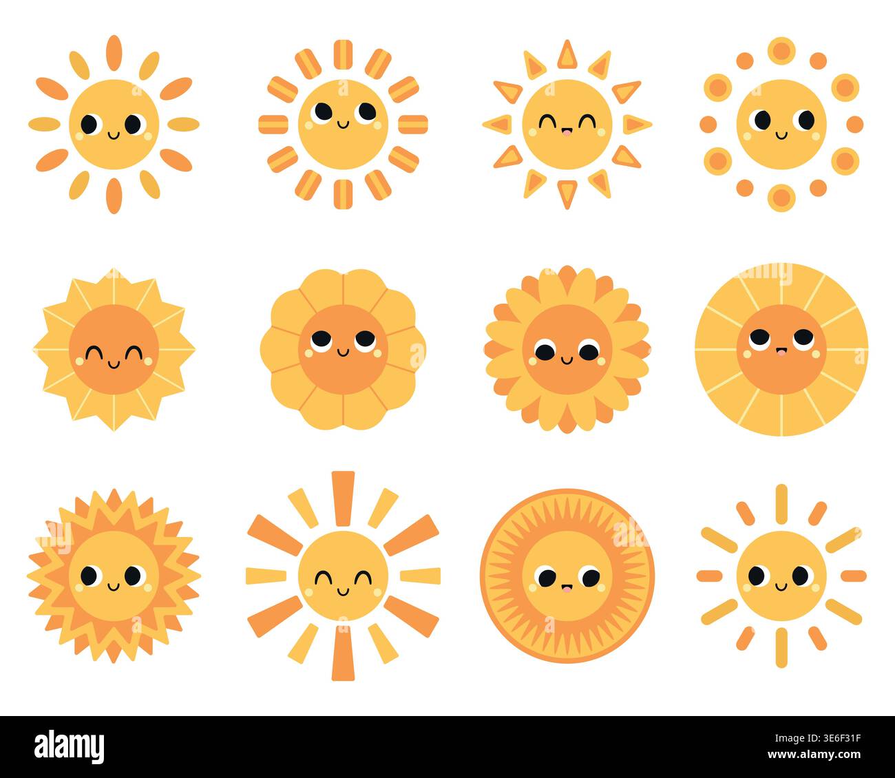 Collezione di simpatiche illustrazioni del sole dei cartoni animati. Sole in varie forme con diversi raggi ed espressioni. Piatti, caratteri per bambini. Illustrazioni vettoriali, isolate su sfondo bianco. Illustrazione Vettoriale
