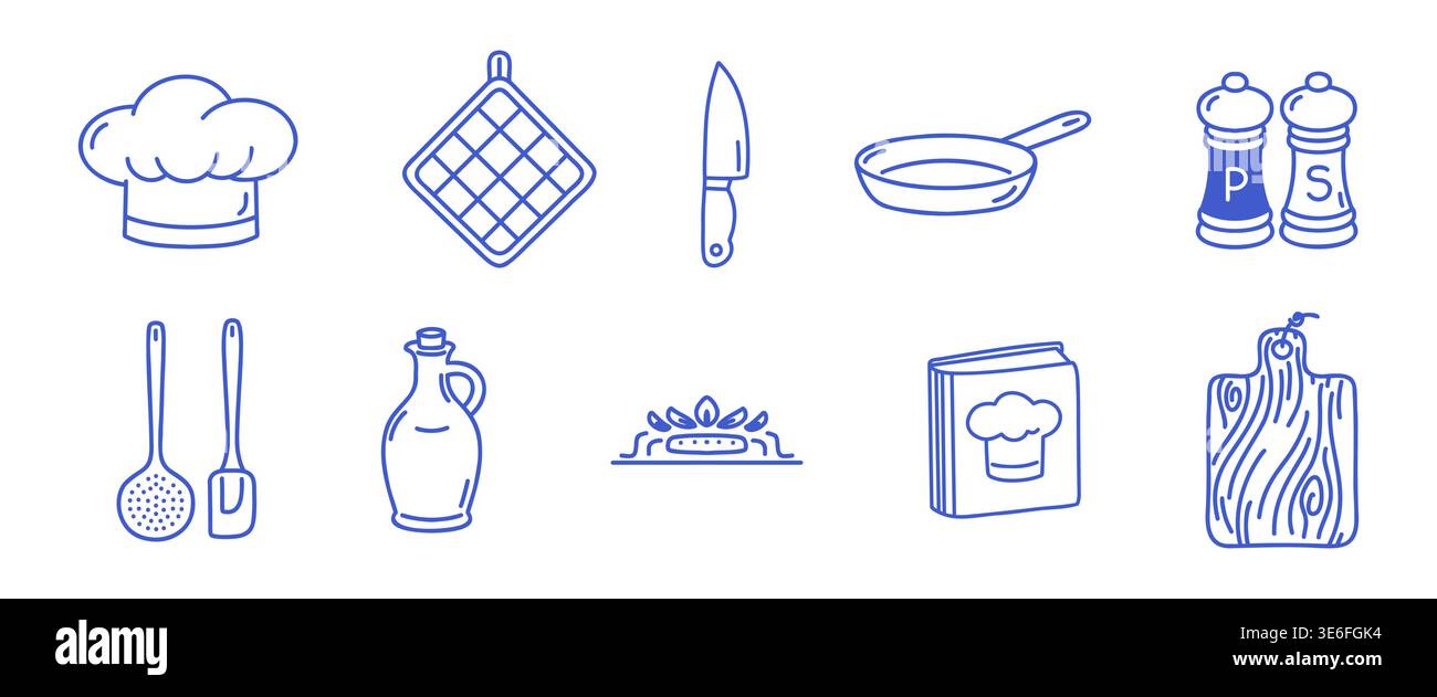 Set di elementi essenziali per la cucina di illustrazioni isolate. Icone vettoriali con linee blu su sfondo bianco. Illustrazione Vettoriale